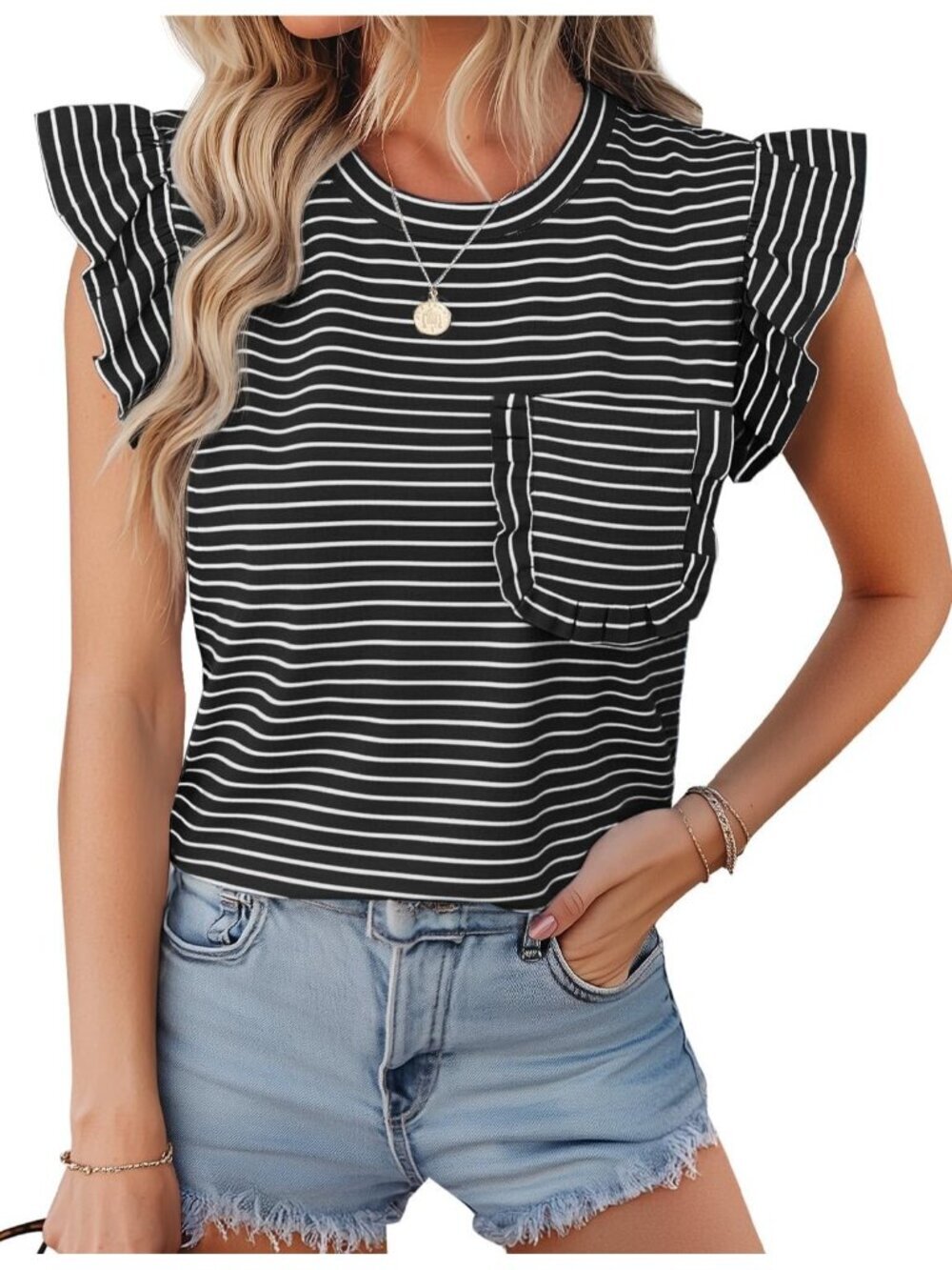 Women's T-Shirts Black Ruffle Short Sleeve Crew Neck Casual Blouses with Pocket - Picture 2 of 6